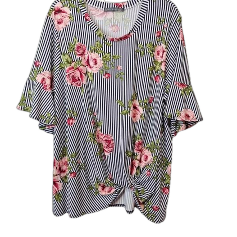 Chris & Carol Womens Plus 3XL Pullover Twist Hem Top Blue White Floral Stripe